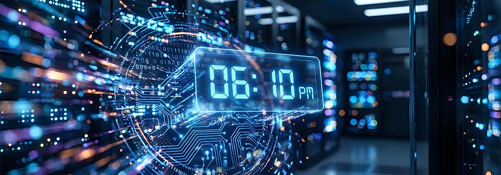 Serveurs de data center affichant l'heure digitale 06:10 PM pour illustrer la synchronisation horaire Bodet Time