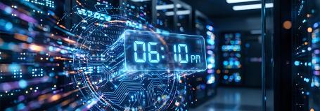 Serveurs de data center affichant l'heure digitale 06:10 PM pour illustrer la synchronisation horaire Bodet Time
