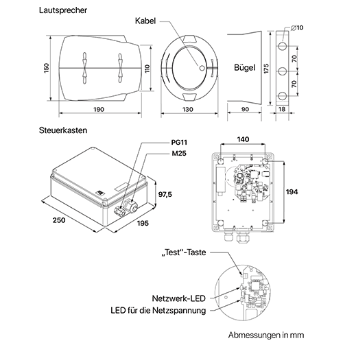 Abmessungen des Harmonys-Lautsprechers für den Innen- und Außenbereich sowie des Gehäuses
