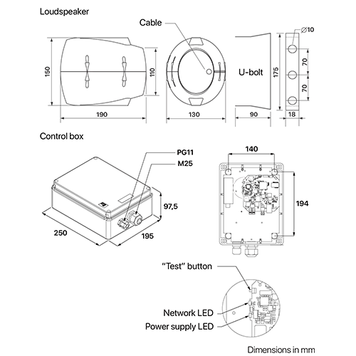 Dimensions of the Harmonys indoor and outdoor loudspeaker and the casing