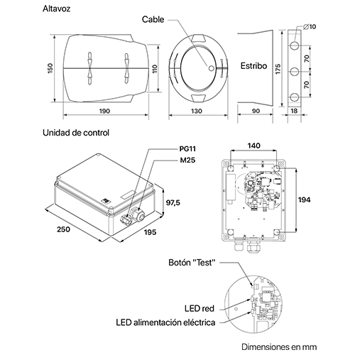 Dimensiones del altavoz de interior y exterior Harmonys y de la caja