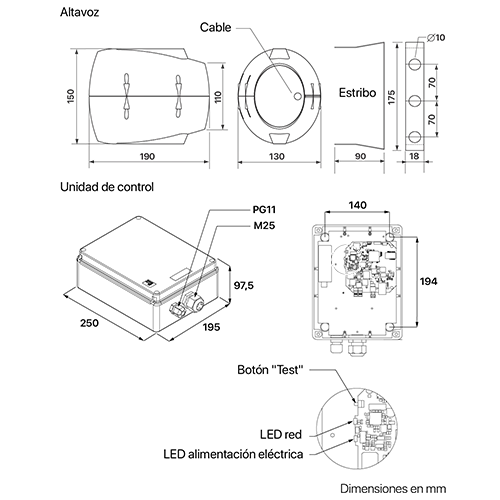 Dimensiones del altavoz de interior y exterior Harmonys y de la caja